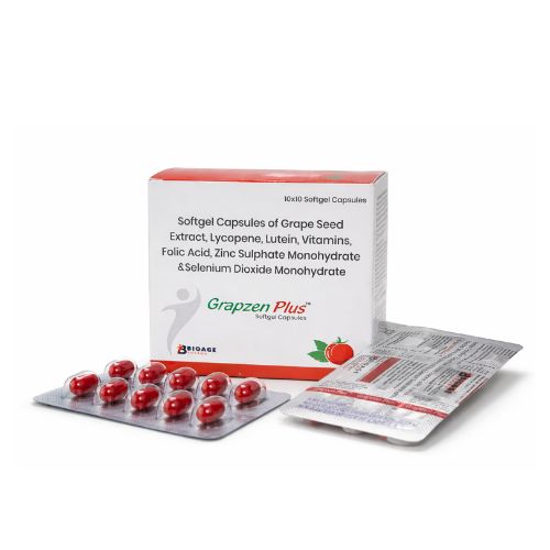 Grapzen Plus Softgel Capsules: Grape Seed Extract, Lycopene, Lutein, Vitamins, Folic Acid, Zinc Sulphate Monohydrate, Selenium Dioxide Monohydrate